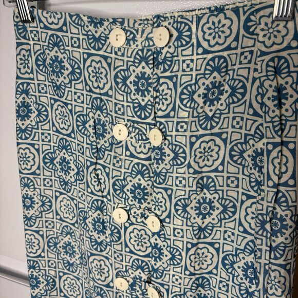 VTG Passports Pier 1 Imports Small Button Front Midi Skirt Blue Cream Geometric - Picture 3 of 8